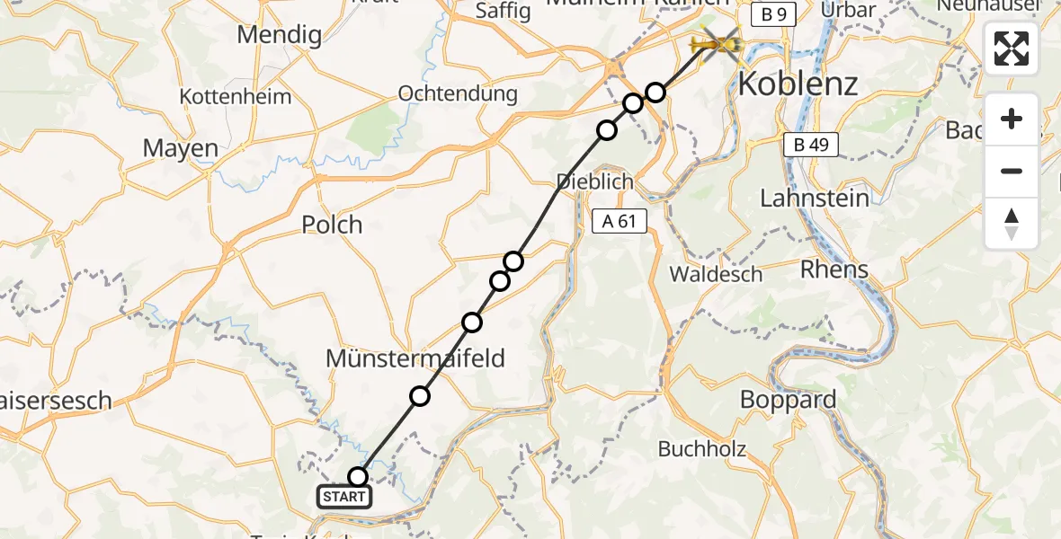 Flugroute Rettungshubschrauber Müden (Mosel) - Koblenz, 16 April 2026, 11:22