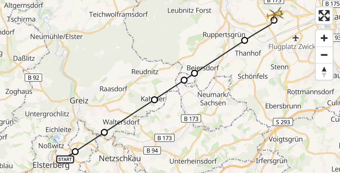 Flugroute Rettungshubschrauber Greiz - ADAC Air Rescue Station Zwickau Hubschrauberlandeplatz, 16 April 2026, 11:30