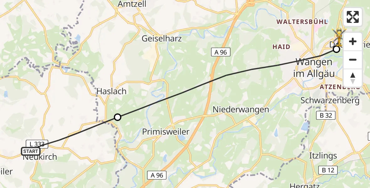 Flugroute Rettungshubschrauber Neukirch - Westallgäu Clinic Wangen Hubschrauberlandeplatz, 16 April 2026, 11:35