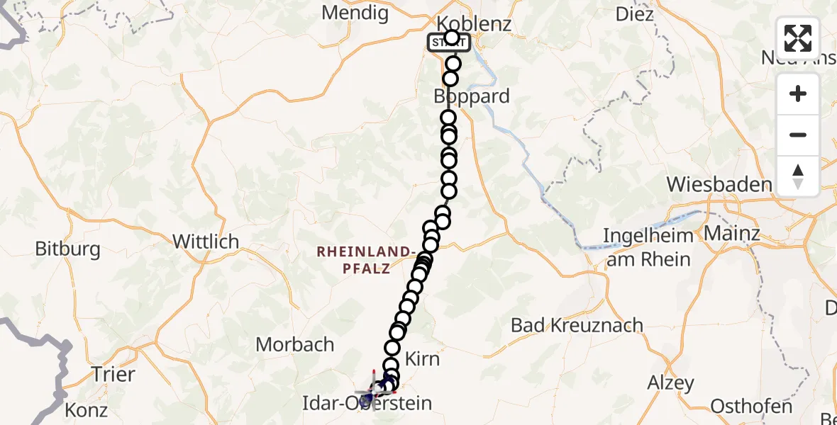 Flugroute Polizeihubschrauber Koblenz-Winningen Flugplatz - Idar-Oberstein/Göttschied Flugplatz, 16 April 2026, 11:43