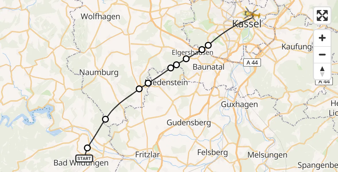 Flugroute Rettungshubschrauber Bad Wildungen - Kassel, 16 April 2026, 11:58