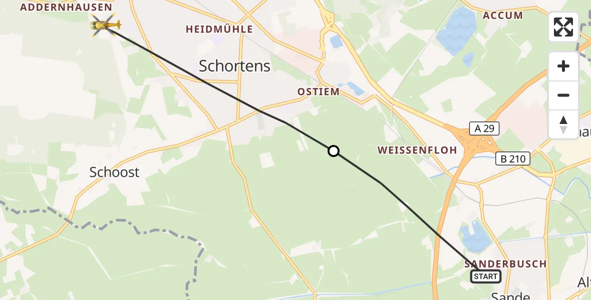 Flugroute Rettungshubschrauber Sande - Schortens, 16 April 2026, 12:01