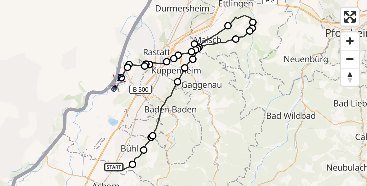 Flugroute Polizeihubschrauber Ottersweier - Hügelsheim, 16 April 2026, 12:02