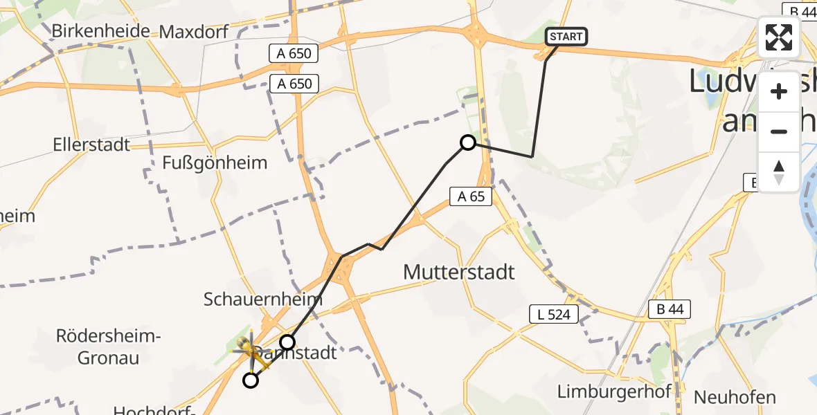 Flugroute Rettungshubschrauber Ludwigshafen am Rhein - Hochdorf-Assenheim, 16 April 2026, 12:04