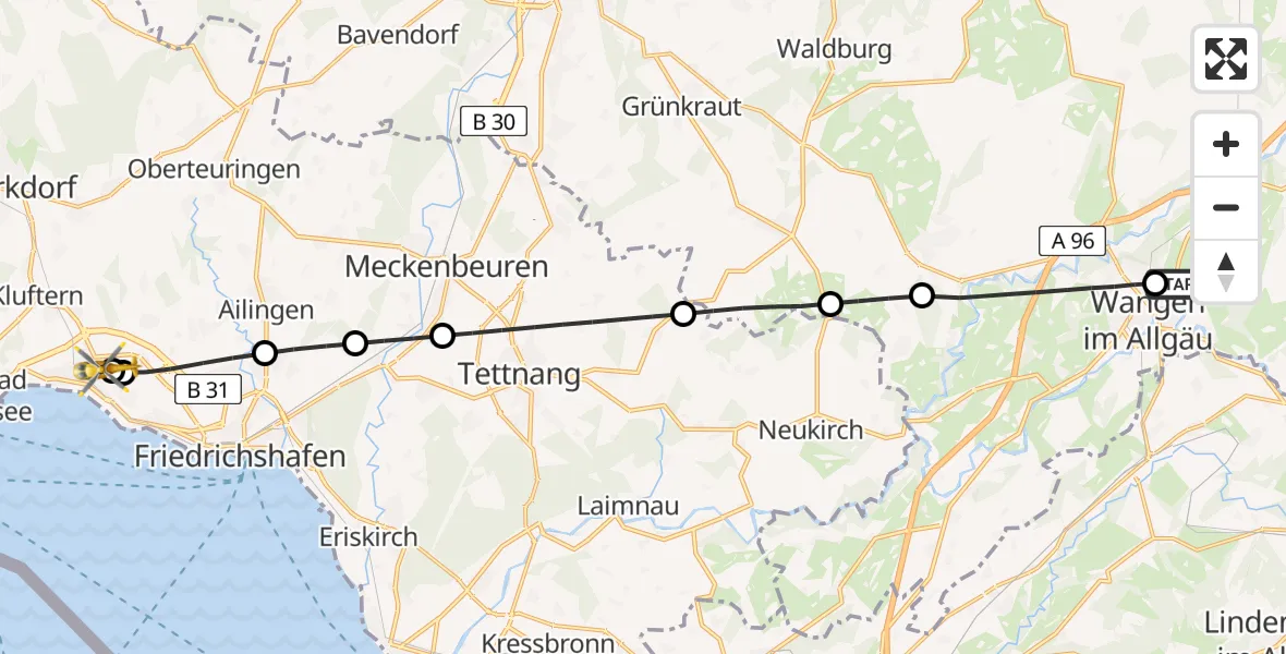 Flugroute Rettungshubschrauber Westallgäu Clinic Wangen Hubschrauberlandeplatz - Friedrichshafen Hospital, 16 April 2026, 12:05