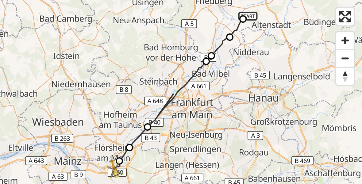 Flugroute Ambulanzhubschrauber Florstadt - Rüsselsheim am Main, 16 April 2026, 12:06