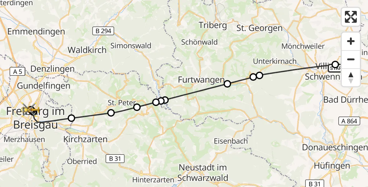 Flugroute Rettungshubschrauber DRF Air Rescue Station Villingen-Schwenningen Hubschrauberlandeplatz (Christoph 11) - Freiburg University Hospital Heliport 1, 16 April 2026, 12:12