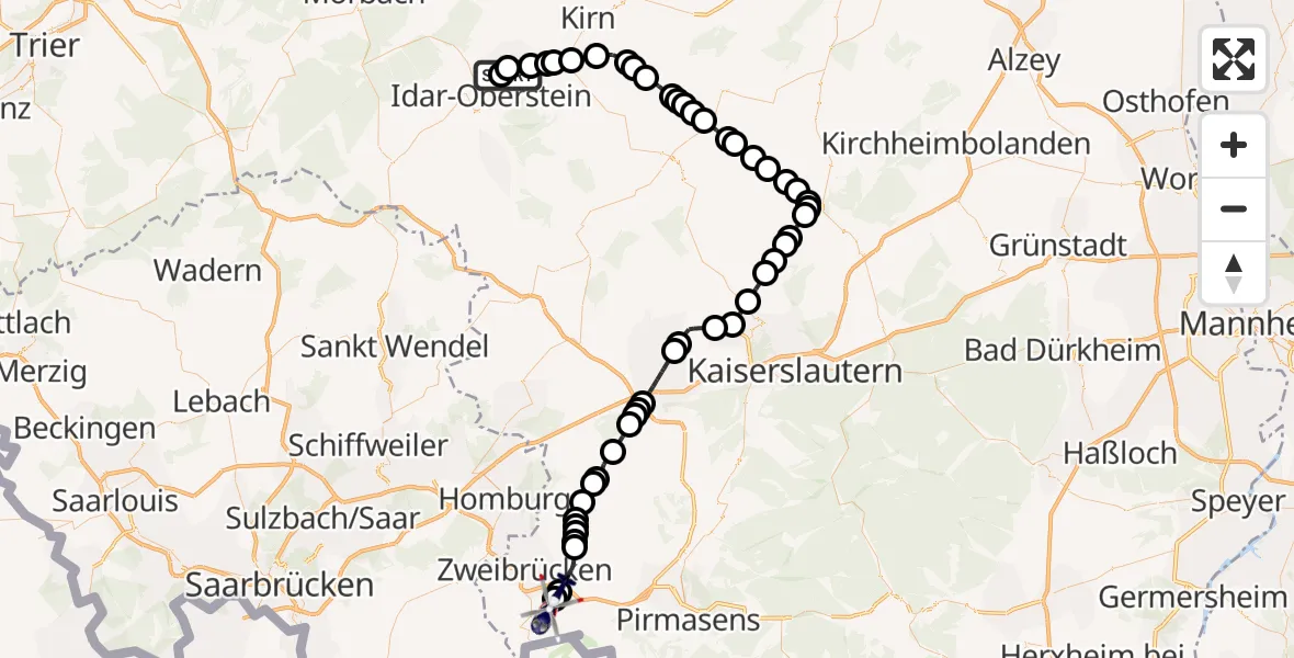 Flugroute Polizeihubschrauber Idar-Oberstein/Göttschied Flugplatz - Contwig, 16 April 2026, 12:15