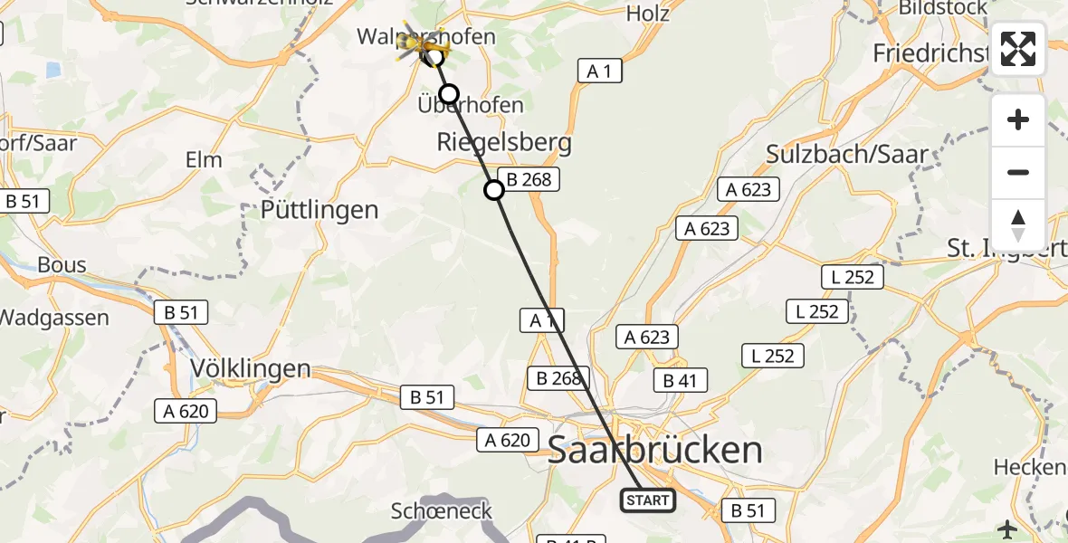 Flugroute Rettungshubschrauber Saarbrücken - Riegelsberg, 16 April 2026, 12:16