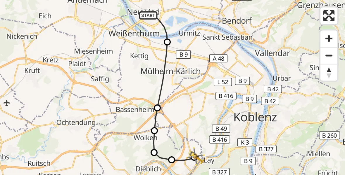 Flugroute Ambulanzhubschrauber Neuwied - Koblenz-Winningen Flugplatz, 16 April 2026, 12:18