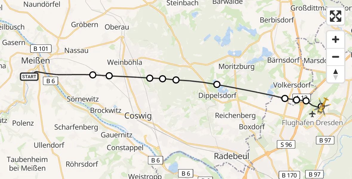 Flugroute Rettungshubschrauber Meißen - Dresden Bundespolizei Hubschrauberlandeplatz, 16 April 2026, 12:19
