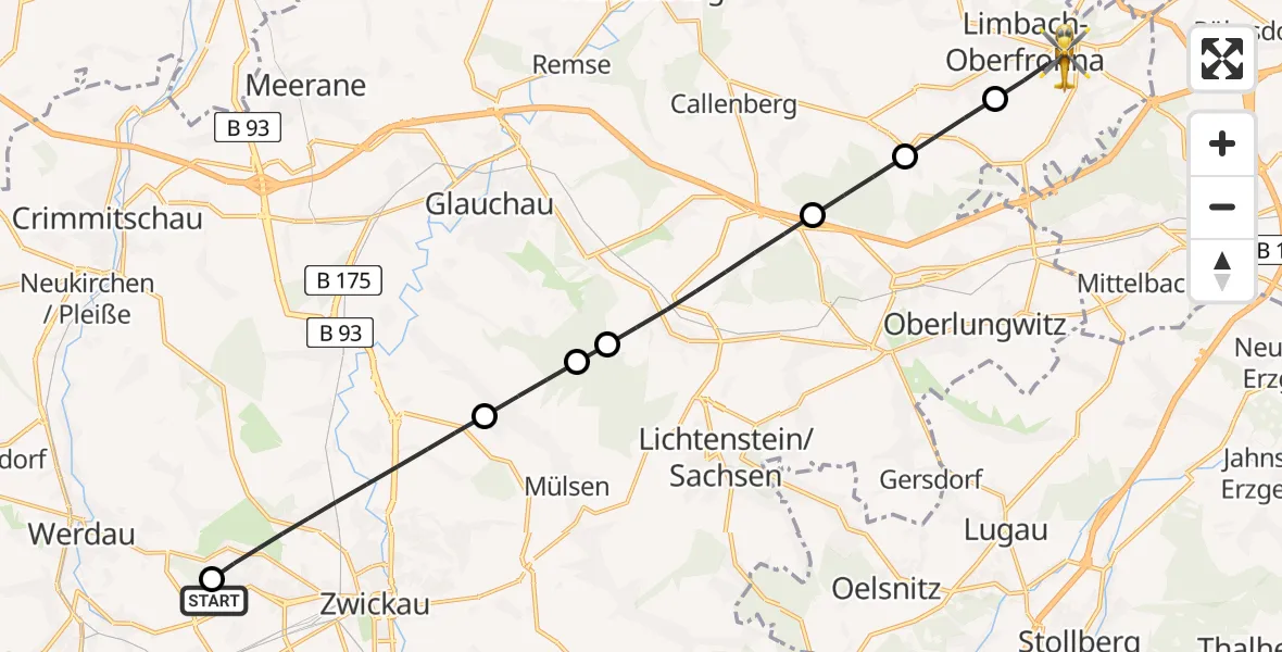 Flugroute Rettungshubschrauber ADAC Air Rescue Station Zwickau Hubschrauberlandeplatz - Limbach-Oberfrohna, 16 April 2026, 12:25