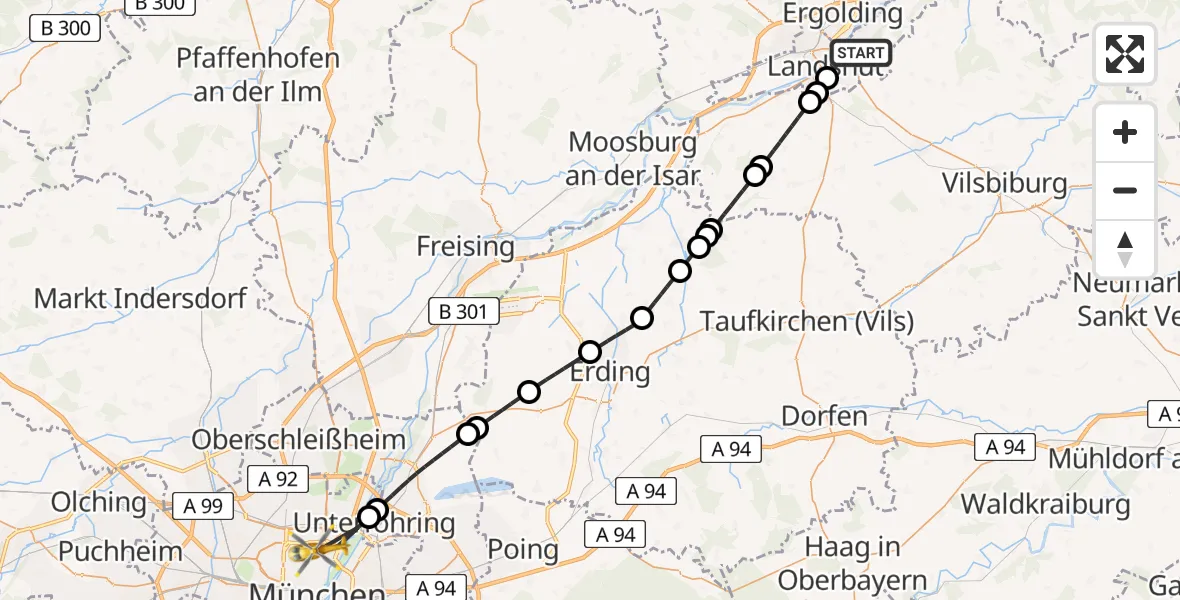 Flugroute Rettungshubschrauber Landshut - München, 16 April 2026, 12:27