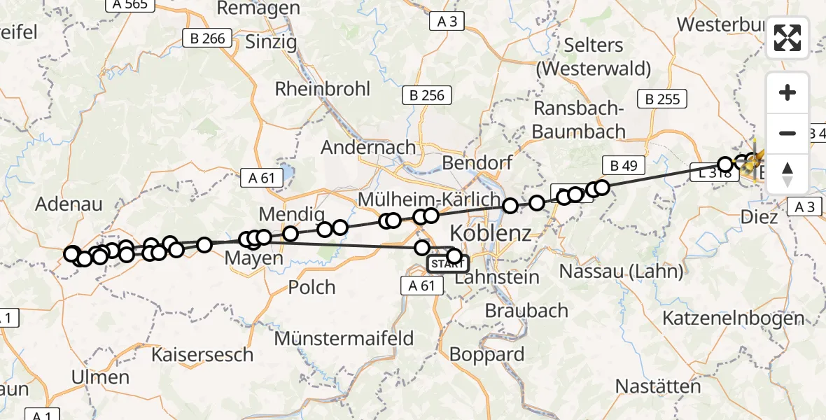 Flugroute Ambulanzhubschrauber Koblenz-Winningen Flugplatz - Limburg-Elz Flugplatz, 16 April 2026, 12:37