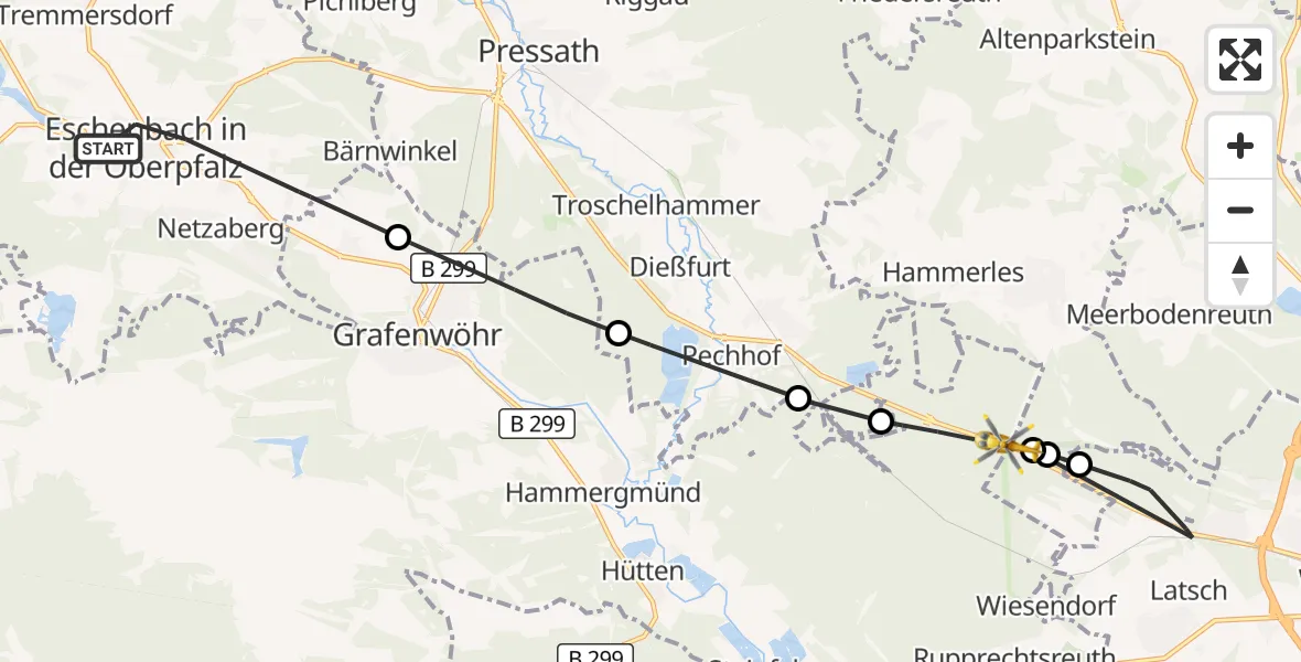 Flugroute Rettungshubschrauber Eschenbach i.d.OPf. - Manteler Forst, 16 April 2026, 12:37