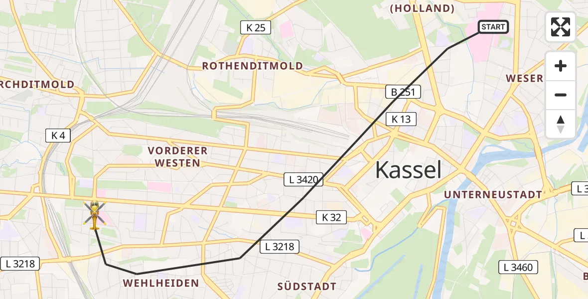 Flugroute Rettungshubschrauber Kassel - Kassel, 16 April 2026, 12:38