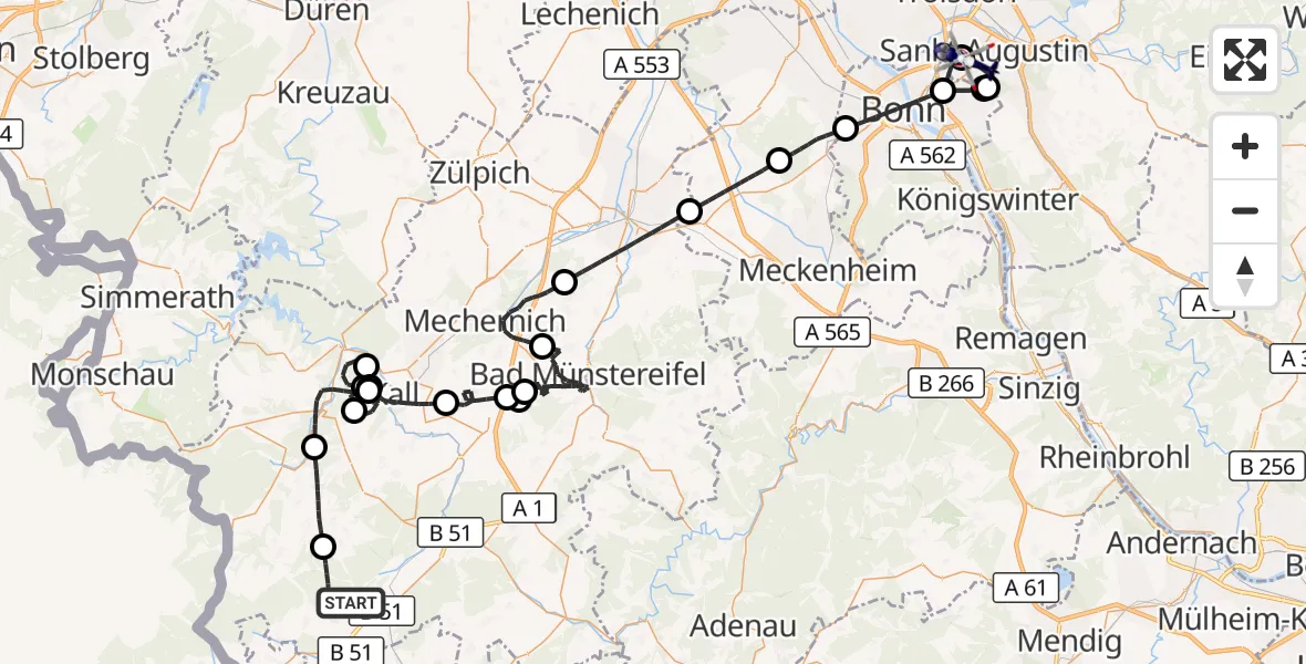 Flugroute Polizeihubschrauber Dahlem - Sankt Augustin, 16 April 2026, 12:43