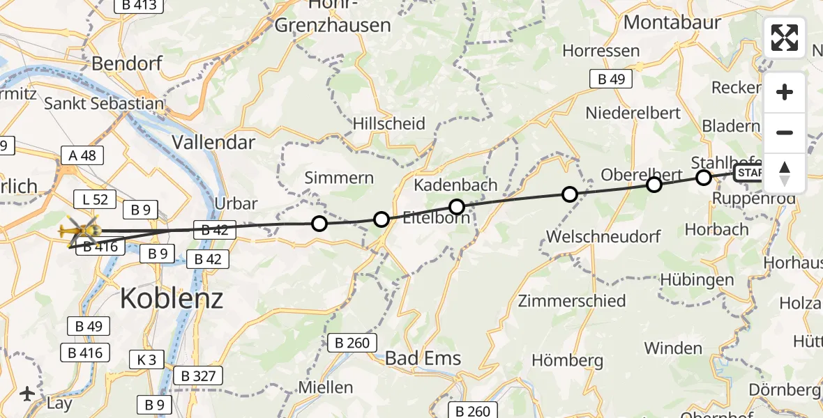 Flugroute Rettungshubschrauber Stahlhofen - Koblenz, 16 April 2026, 12:45