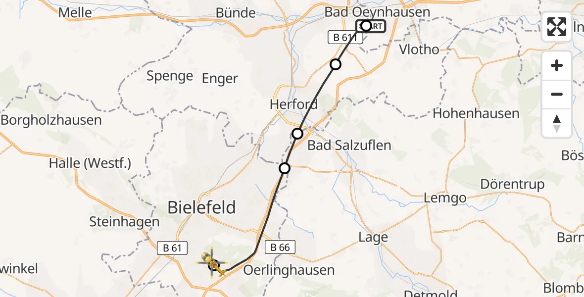 Flugroute Ambulanzhubschrauber Bad Oeynhausen - Bielefeld Flughafen, 16 April 2026, 12:45