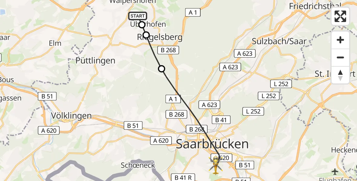 Flugroute Rettungshubschrauber Riegelsberg - Saarbrücken, 16 April 2026, 12:46
