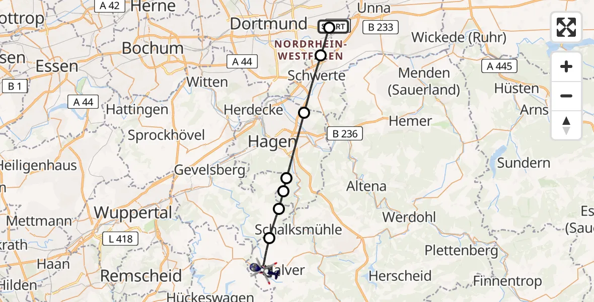 Flugroute Polizeihubschrauber Dortmund Flughafen - Halver, 16 April 2026, 12:47