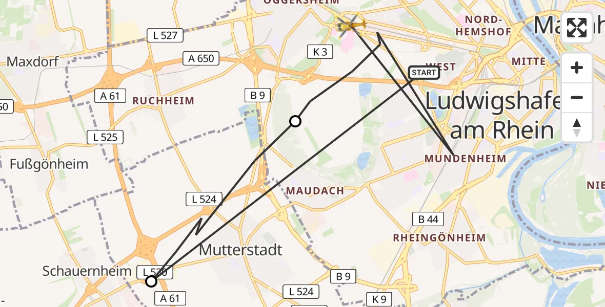 Flugroute Rettungshubschrauber Ludwigshafen am Rhein - Ludwigshafen Accident Hospital Hubschrauberlandeplatz, 16 April 2026, 12:49