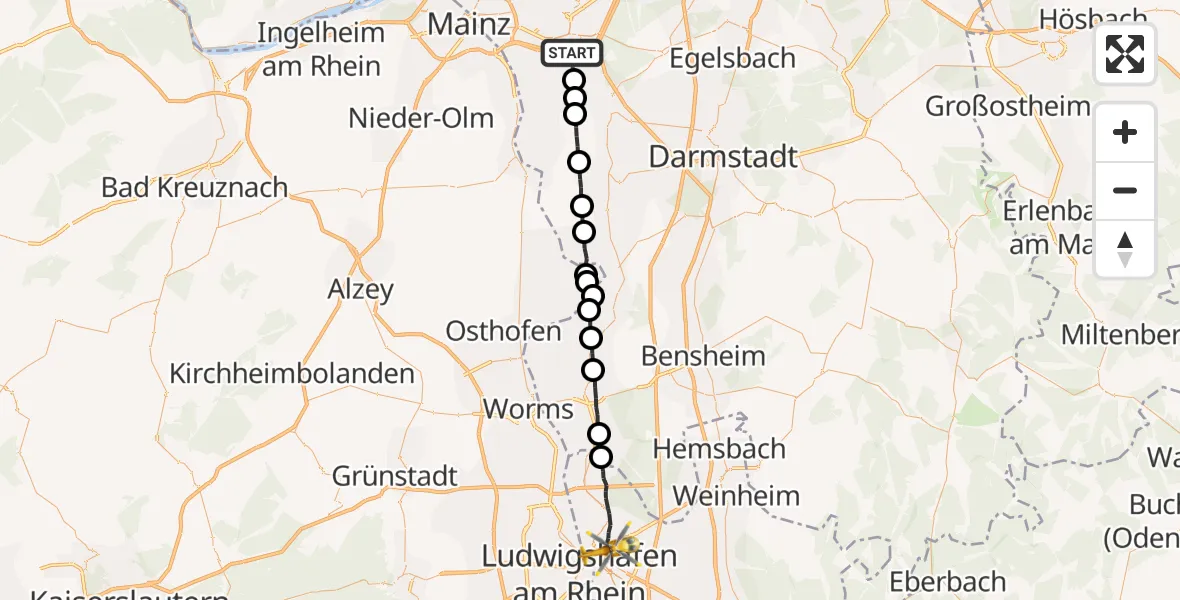 Flugroute Ambulanzhubschrauber Rüsselsheim am Main - Mannheim, 16 April 2026, 12:50