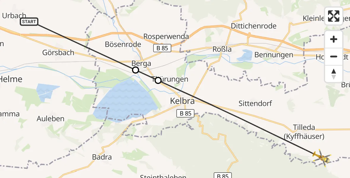 Flugroute Rettungshubschrauber Urbach - Kelbra (Kyffhäuser), 16 April 2026, 12:51