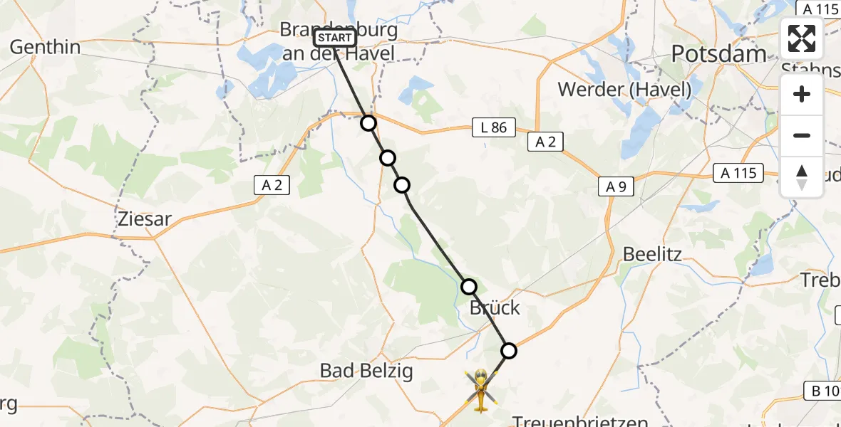 Flugroute Rettungshubschrauber Brandenburg an der Havel - Mühlenfließ, 16 April 2026, 12:56