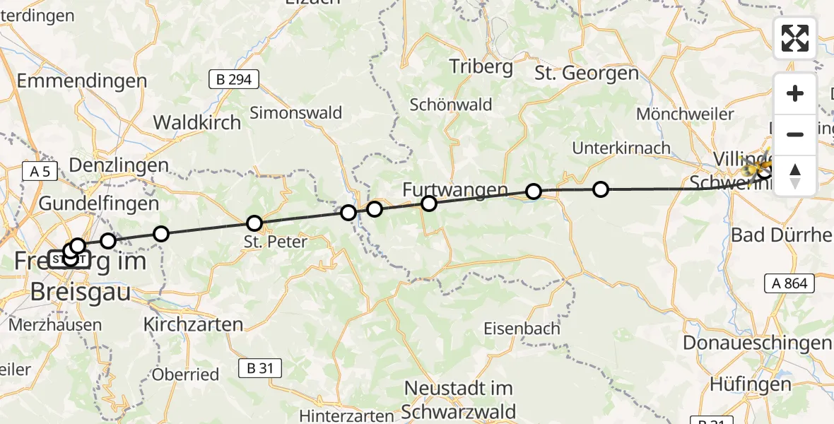 Flugroute Rettungshubschrauber Freiburg University Hospital Heliport 1 - DRF Air Rescue Station Villingen-Schwenningen Hubschrauberlandeplatz (Christoph 11), 16 April 2026, 12:56