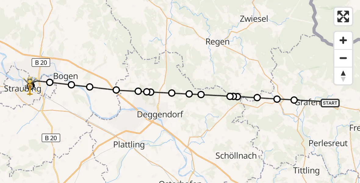 Flugroute Rettungshubschrauber Grafenau - Sankt Elisabeth Hospital Straubing, 16 April 2026, 13:07