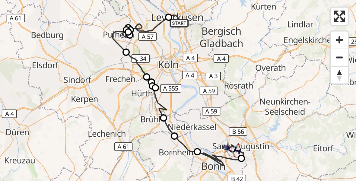 Flugroute Polizeihubschrauber Leverkusen - Bonn-Hangelar Flugplatz, 16 April 2026, 13:07
