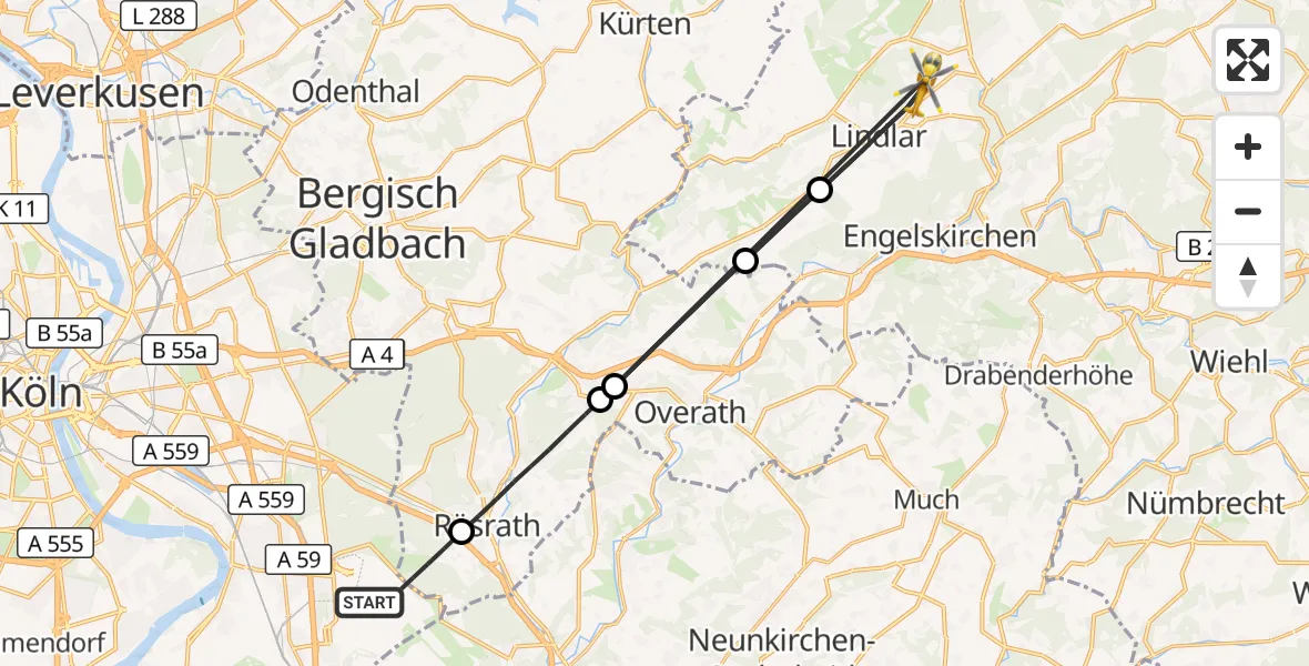 Flugroute Rettungshubschrauber Köln Bonn Flughafen - Lindlar, 16 April 2026, 13:08