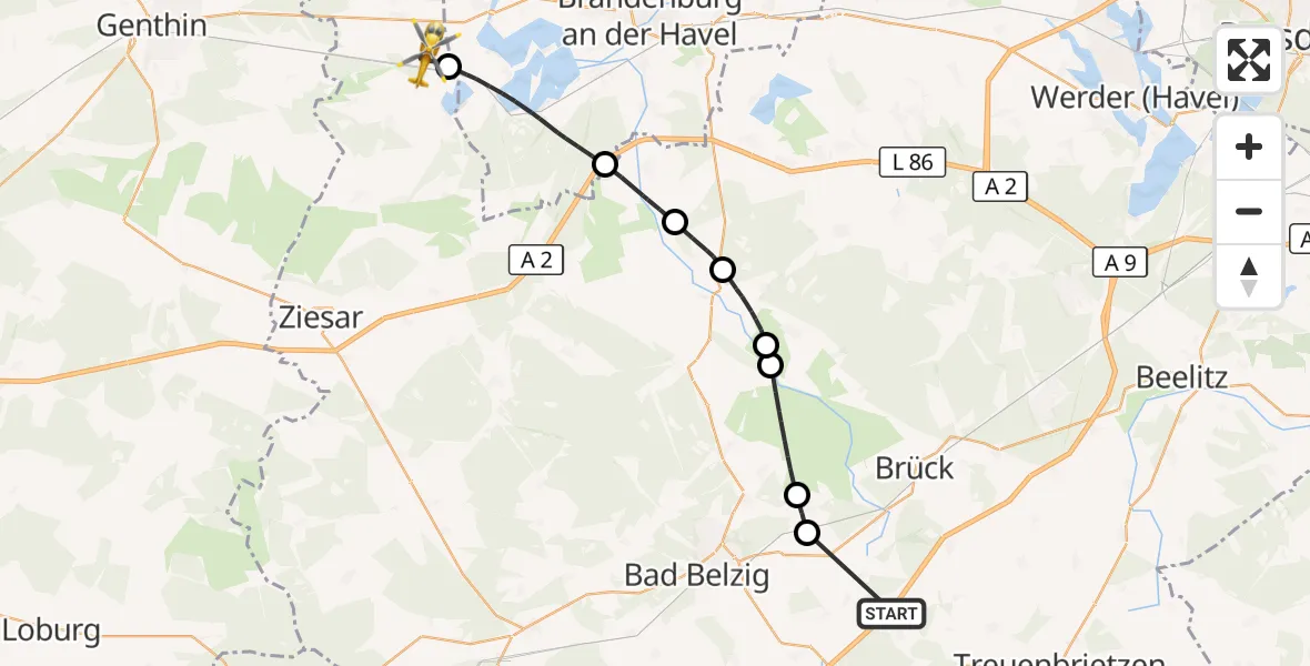 Flugroute Rettungshubschrauber Mühlenfließ - Wusterwitz, 16 April 2026, 13:07