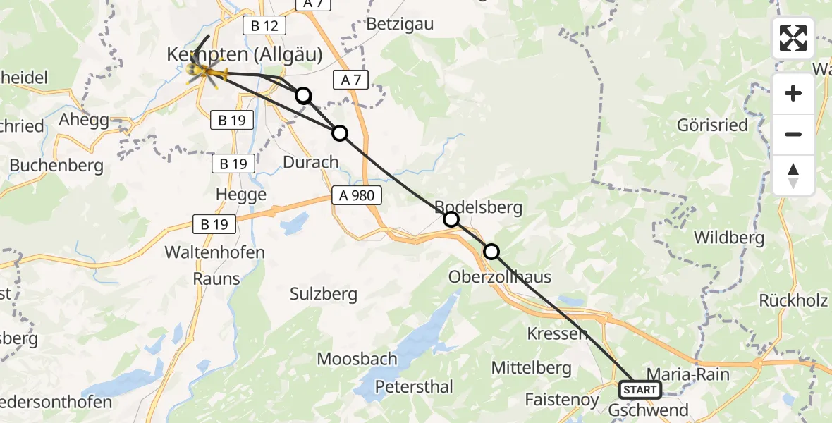 Flugroute Rettungshubschrauber Oy-Mittelberg - Kempten (Allgäu), 16 April 2026, 13:09