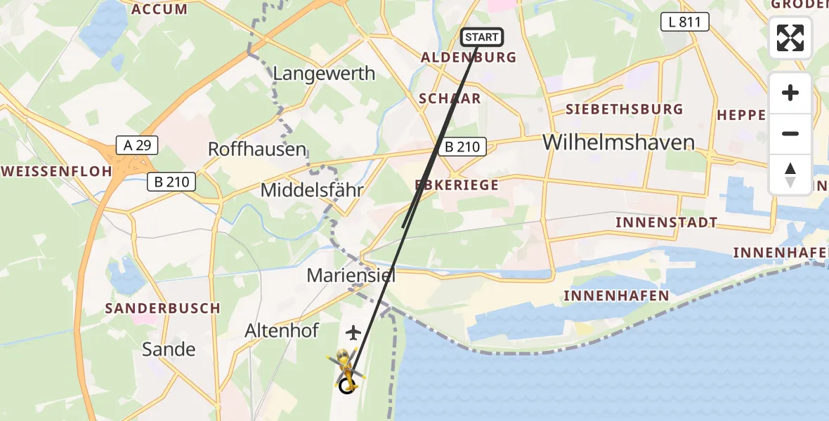 Flugroute Rettungshubschrauber Wilhelmshaven - JadeWeser Flughafen, 16 April 2026, 13:10