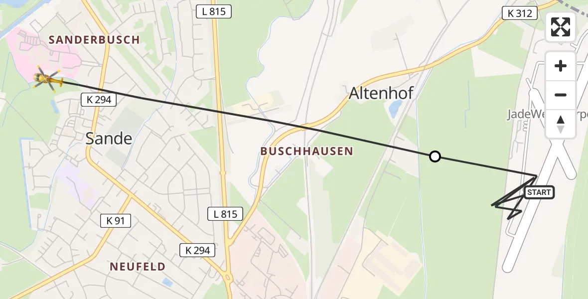 Flugroute Rettungshubschrauber JadeWeser Flughafen - Sande, 16 April 2026, 13:17