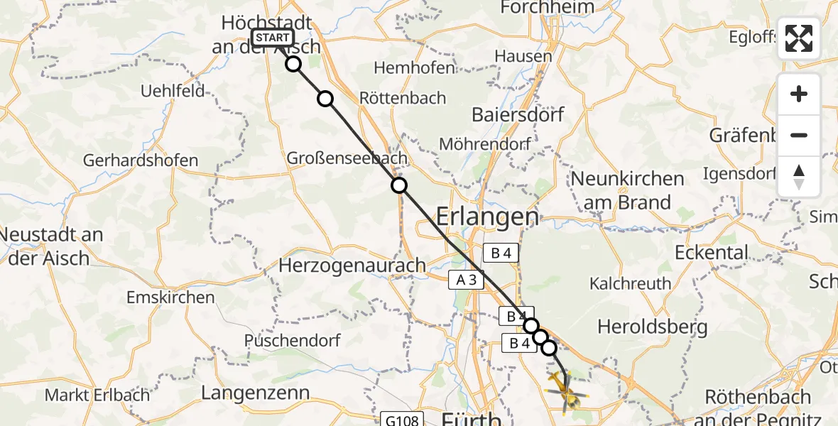 Flugroute Ambulanzhubschrauber Höchstadt a.d.Aisch - Flughafen Nuremberg, 16 April 2026, 13:24
