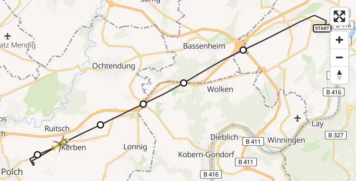Flugroute Rettungshubschrauber Koblenz - Kerben, 16 April 2026, 13:27
