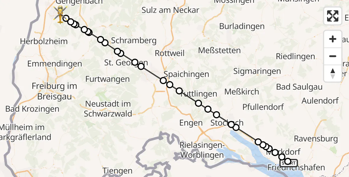 Flugroute Rettungshubschrauber Friedrichshafen Hospital - Lahr/Schwarzwald, 16 April 2026, 13:28