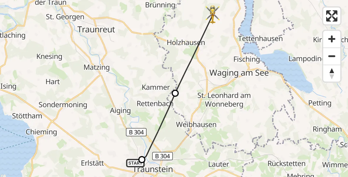 Flugroute Rettungshubschrauber Traunstein Hospital - Taching a.See, 16 April 2026, 13:30