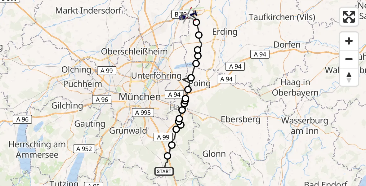Flugroute Polizeihubschrauber Sauerlach - München Flughafen, 16 April 2026, 13:37
