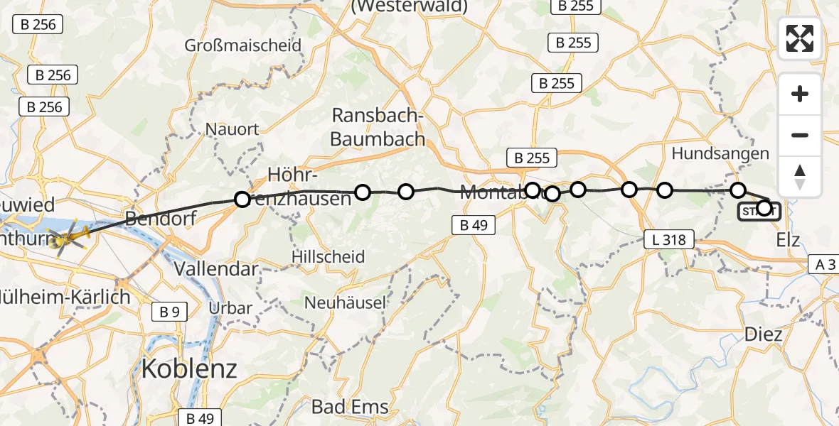 Flugroute Ambulanzhubschrauber Limburg-Elz Flugplatz - Neuwied, 16 April 2026, 13:40