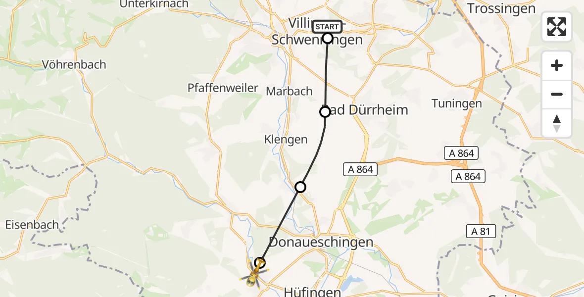 Flugroute Rettungshubschrauber DRF Air Rescue Station Villingen-Schwenningen Hubschrauberlandeplatz (Christoph 11) - Bräunlingen, 16 April 2026, 13:48