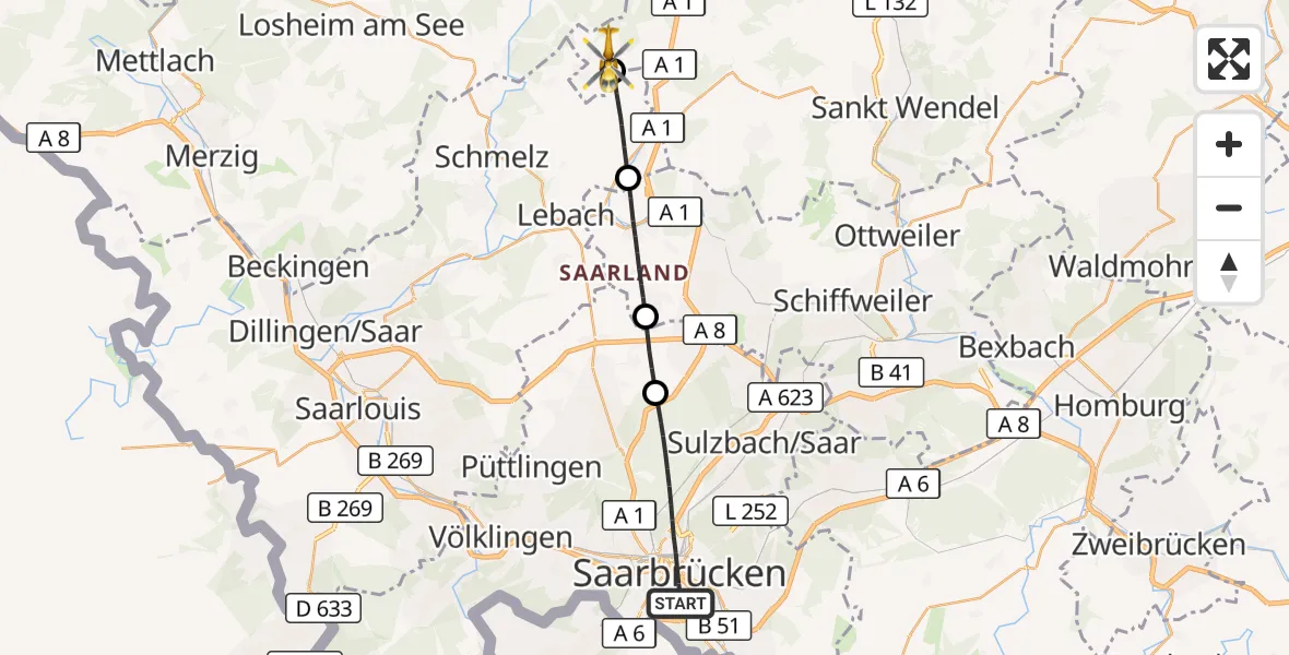 Flugroute Rettungshubschrauber Saarbrücken - Tholey, 16 April 2026, 13:49