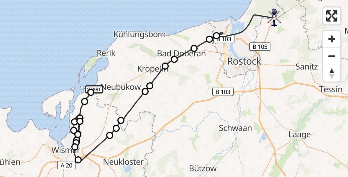 Routekaart van de vlucht: Polizeihubschrauber nach Rostock, Waldweg