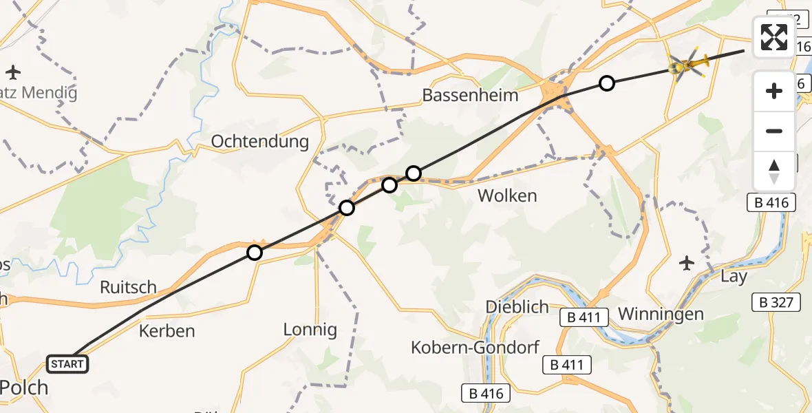 Flugroute Rettungshubschrauber Polch - Koblenz, 16 April 2026, 13:57