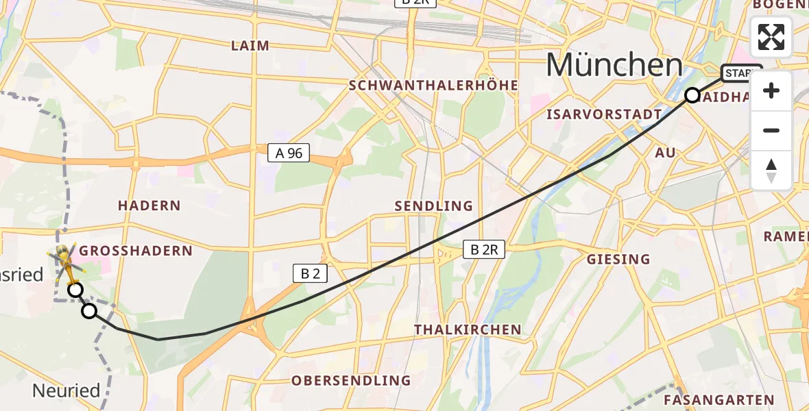 Flugroute Rettungshubschrauber Rechts der Isar University Hospital - DRF Air Rescue München Hubschrauberlandeplatz, 16 April 2026, 13:59
