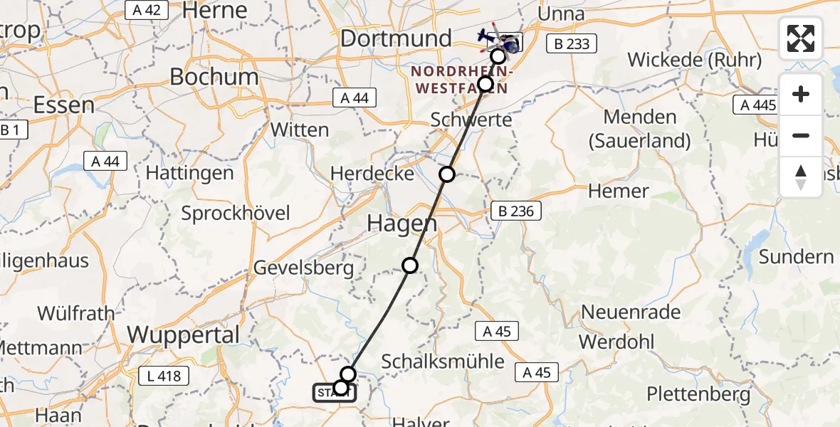Flugroute Polizeihubschrauber Radevormwald-Leye Segelfluggelände - Dortmund Flughafen, 16 April 2026, 14:18