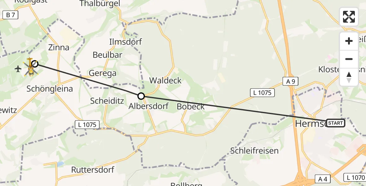 Flugroute Rettungshubschrauber Hermsdorf - Jena-Schöngleina Flugplatz, 16 April 2026, 14:20